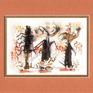 May include: Abstract watercolor painting with three figures in black and white, with red and orange accents. The figures are stylized and appear to be dancing or reaching up.