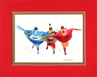 Horsy Blue Shawl Dancers - 8"x10"  Double matted archival prints entirely made by Native American Artist Daniel Ramirez