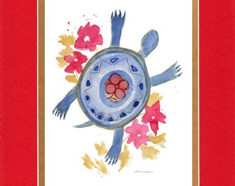 Blue Creation Turtle - Double matted archival prints entirely made by Native American Artist Daniel Ramirez