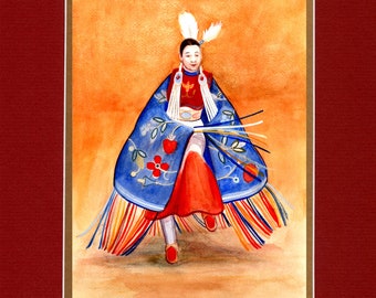 Strawberry and Flowers Shawl Dancer - 8"x10" Double matted archival prints entirely made by Native American Artist Daniel Ramirez