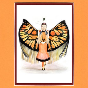 May include: A watercolour painting of a person wearing a butterfly costume. The costume is orange, black and yellow with fringed edges. The person is wearing a headdress with feathers and is dancing.