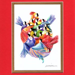 May include: A colorful painting of a group of people in traditional clothing, dancing in a circle. The painting is done in a style reminiscent of Native American art.