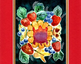 Turtle, Flowers and Berries - 8"x10" Double matted archival prints made by Native American Artist Daniel Ramirez - Image Size 5"x7"