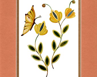 Butterfly with 3 Flowers - 8"x10" Double matted archival prints entirely made by Native American Artist Daniel Ramirez