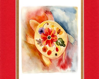 The New Floral Turtle - Double matted archival prints entirely made by Native American Artist Daniel Ramirez