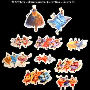 May include: Ten colorful stickers featuring Native American women in traditional shawls dancing. The stickers are part of a collection called "Shawl Dancers Collection - Sisters 03".