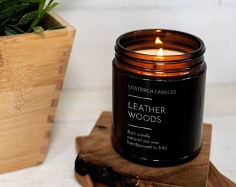 Leather Woods  -Jar Candle - Scented Jar Candle - Fall Candle - Summer Candle - Non-Toxic Soy Candle - Spa Candle