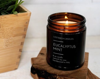Eucalyptus Mint Candle - 8 oz Amber Jar, Non-Toxic Soy Candle
