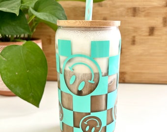 Checkered Happy Face Glass - Iced Coffee Cup - Glass Can - Glass Tumbler - Cute Cup - Retro Cup