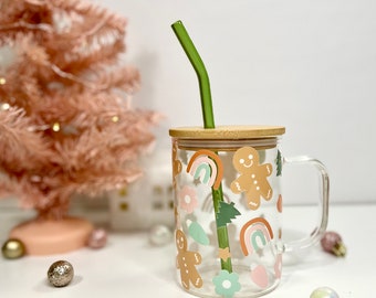 Retro Gingerbread Christmas Glass Tumbler Mug - Iced Coffee Cup - Glass Tumbler - Christmas Mug - Glass Mug - Christmas Cup