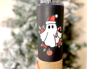 Scary Cute Christmas Ghostie - Glitter Stainless Steel Travel Mug - Christmas Cup - Funny Christmas Cup - Stainless Steel Tumbler