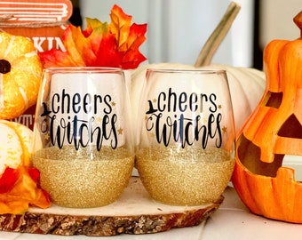 Cheers Witches Halloween Glitter Wine Glass - Witch Wine Glass - Funny Halloween Wine Glass - Gold Halloween Wine Glass