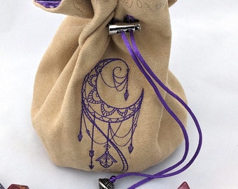 Golden Beige Faux Suede Dice Bag with Moon Talisman