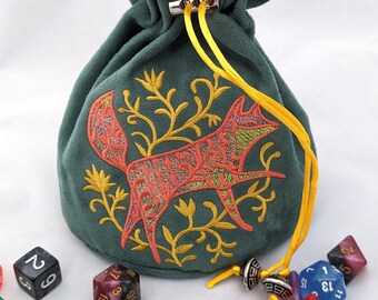 Dark Sage green Faux Suede Dice Bag with Fox