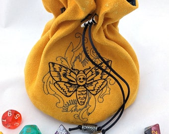 Yellow Faux Suede Dice Bag with Death's Head Moth