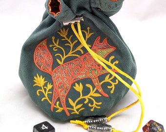 Dark Sage green Faux Suede Dice Bag with Fox