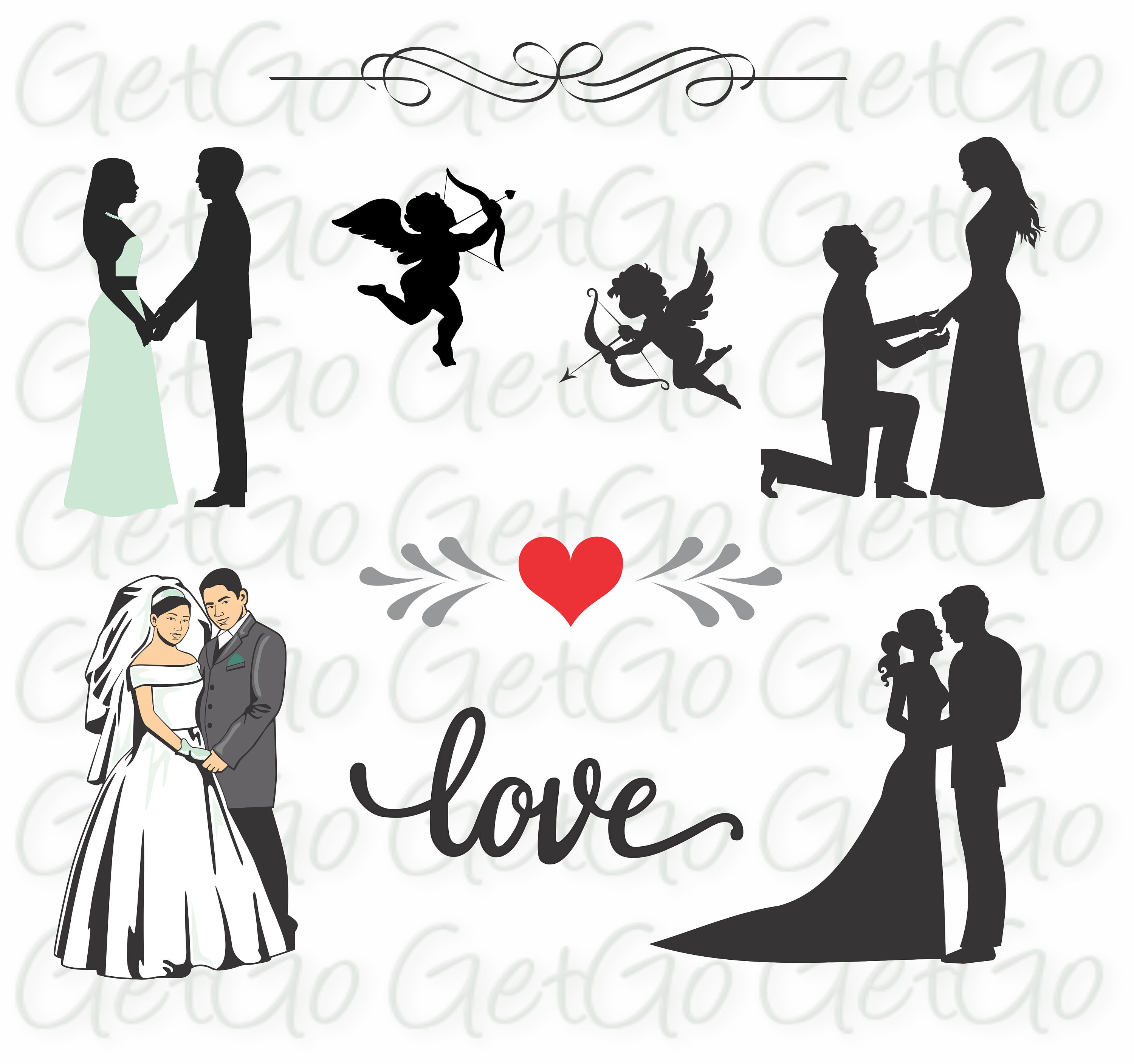 Download Wedding Icons And Bride And Groom Silhouettes Clipart Cricut Etsy