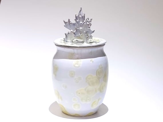 Crystalline Glazed Pottery Jar, Handmade Lidded Ceramic, Snowflake Design, 10"