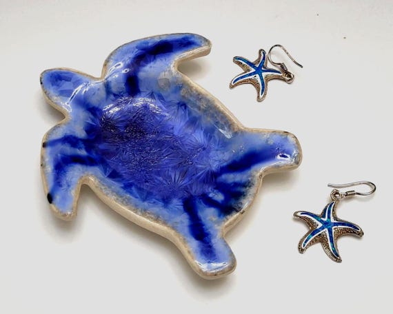 Handmade Sea Turtle Ring Dish, Crystalline Glaze Ceramic Trinket Tray, Blue Pottery