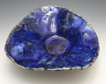 Handmade Crystalline Glaze Pottery Bowl, Organic Blue Black Porcelain Clay, 9" Wide