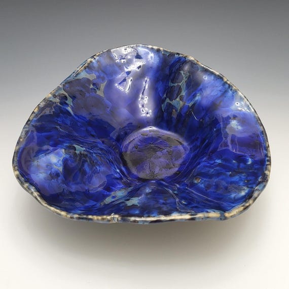 Handmade Crystalline Glaze Pottery Bowl, Organic Blue Black Porcelain Clay, 9" Wide