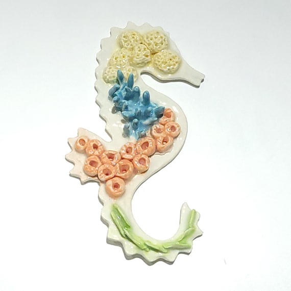 Handmade Coral Seahorse, Seashell Ocean Reef Sculpture, Saltwater Aquarists Reefing, Beach Decor Coastal Living, Porcelain Ceramic, 4" Tall