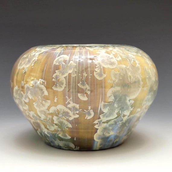 Handmade Ceramic Vase, Carmel Blue Crystalline Glazed Pottery Porcelain Clay, 6" Round
