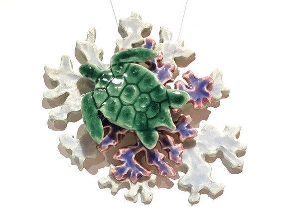 Pacific Green Sea Turtle Swimming Ocean Coral Reefs, Handmade Ceramic Sculpture, Reefing Decor, Coastal Living Sealife, Porcelain, 5.5" Long