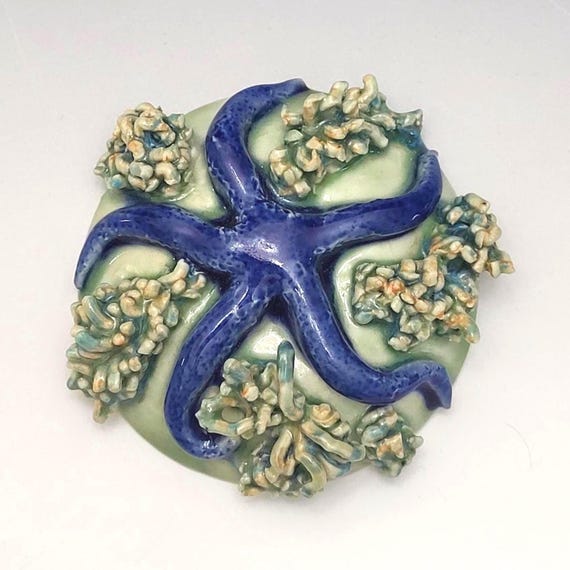 Handmade Porcelain Blue Starfish Coral Reef Sculpture, 3"