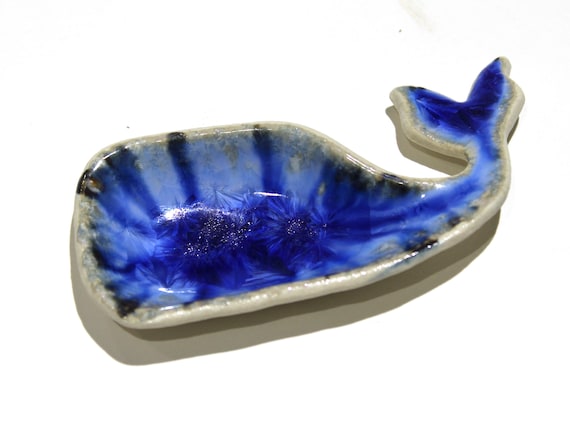 Handmade Blue Whale Ring Dish, Humpback Baby Whales Jewelry Trinket Tray, Tea Bag, Ocean Gifts, Crystalline Glaze Ceramic Pottery 4" Long
