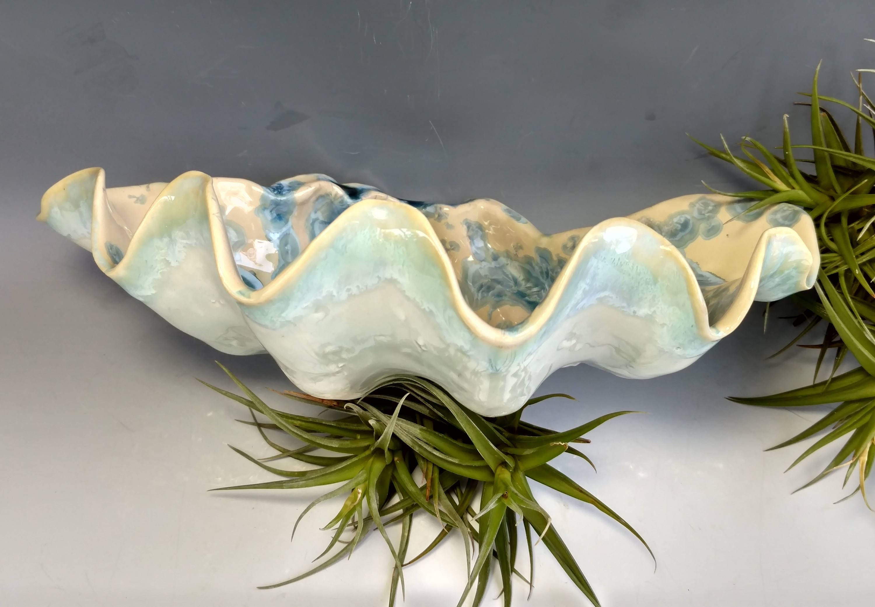 Large Clam Shell Bowl Turquoise Blue Green Ocean Sea Life Coastal Living Beach Decor Handmade