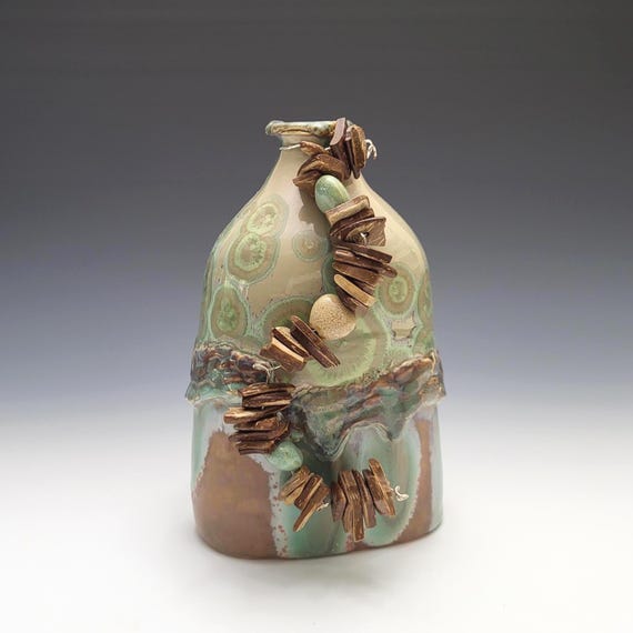 Handmade Crystalline Glaze Porcelain Vase, Turquoise Green Brown, Wood Wire Accent, 6.5" Tall