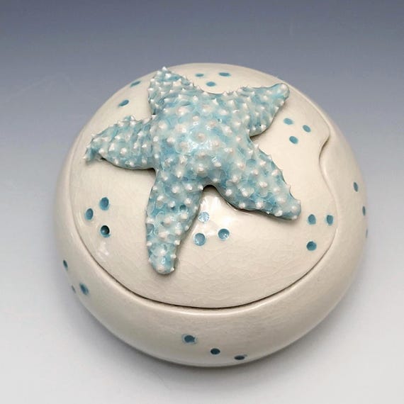 Handmade Ceramic Starfish Lidded Jar, Turquoise Beach Decor Porcelain Clay, 5" Round