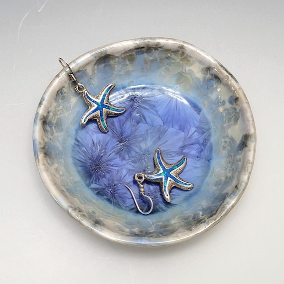 Handmade Crystalline Glazed Ring Dish Porcelain Pottery 3" Round