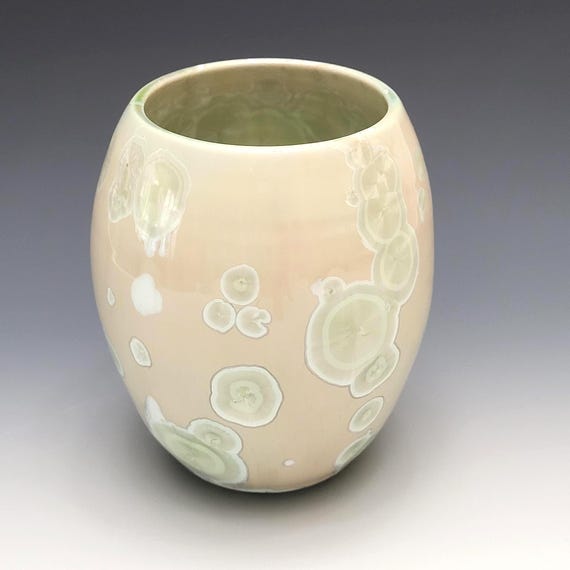 Handmade Ceramic Vase, Peach Green Celadon Crystalline Glazed Pottery Porcelain Clay, 5.5" Tall