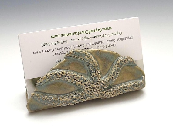 Handmade Ceramic Starfish Business Card Holder, Coastal Desk Organizer