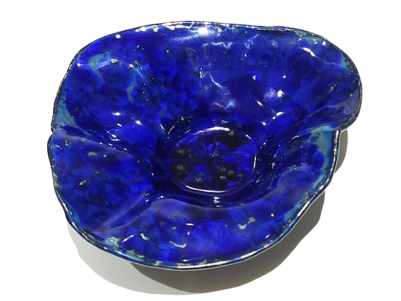 Crystalline Glazed Pottery Bowl, One-of-a-kind Unique Organic Shape Modern Design, Handmade Blue on Black Ceramic Porcelain Clay, 9" Wide