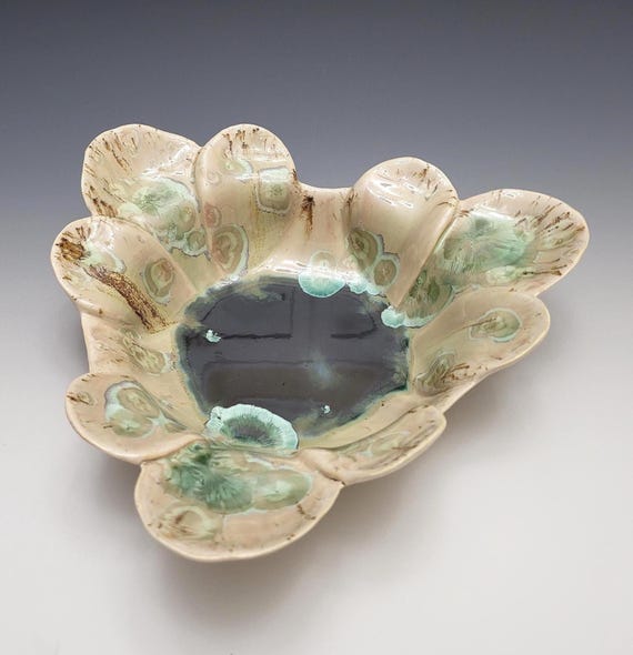 Handmade Crystalline Glazed Pottery Seaglass Green Ocean Sand Porcelain Clay Ceramic Bowl, 8.5" Wide