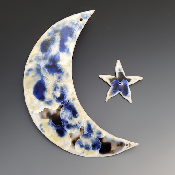 Handmade Ceramic Moon and Star, Wall Hanging, Crystalline Glazed Pottery, Porcelain Clay, 9" Long