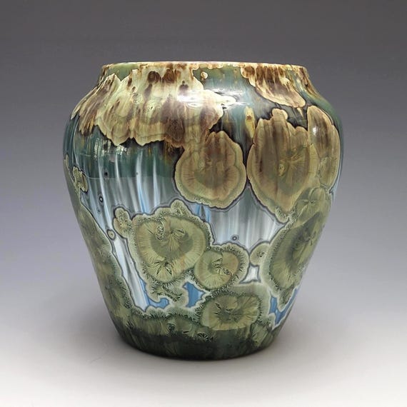 Handmade Ceramic Vase, Copper Green Crystalline Glazed Pottery Porcelain Clay, 5" Tall