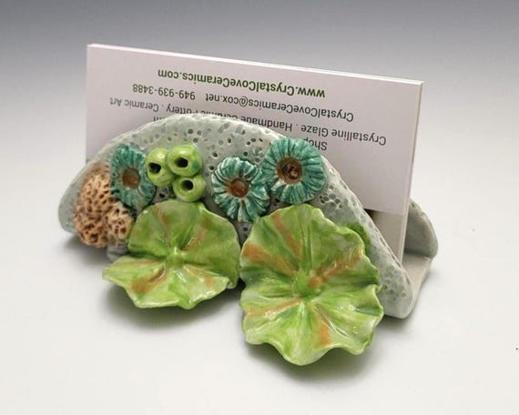 Business Card Holder Handmade Ceramic Coral Reef Desk Organizer, Reading Sunglasses or Note Rest.