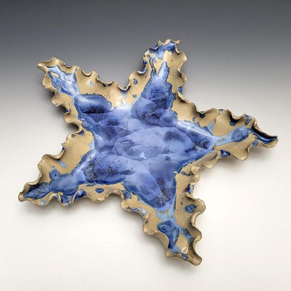 Handmade Ceramic Starfish Tray, Sand and Blue Crystalline Glazed Pottery Porcelain Clay, 12" Round