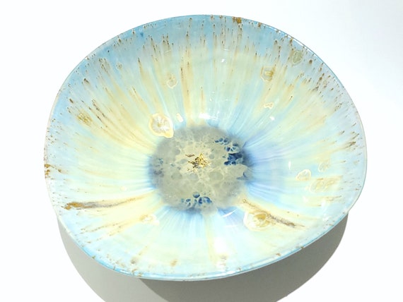 Crystalline Glazed Bowl, Handmade Pottery, Large Blue Ceramic Artisan Bowl, One of a kind, Gold Crystals, Wheel Thrown Porcelain Clay, 8.5"