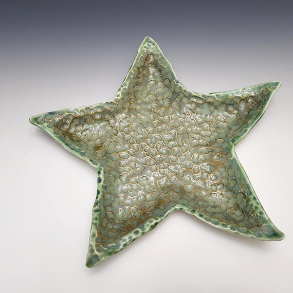 Handmade Ceramic Starfish Tray, Beach Green Glazed Pottery Porcelain Clay, 11" Round