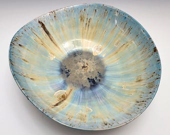 Handmade Ceramic Serving Bowl, Crystalline Glazed Pottery, Blue and Gold 8.5" Round