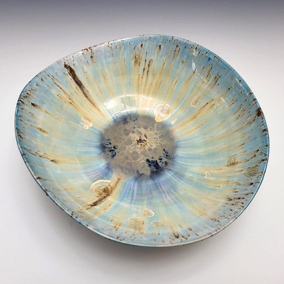Handmade Ceramic Serving Bowl, Crystalline Glazed Pottery, Blue and Gold 8.5" Round