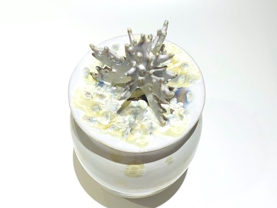 Crystalline Glazed Pottery, One-of-a-kind Handmade Lidded Ceramic Jar, Gold White Snowflake Design, Wheel Thrown Porcelain Clay, 10” Tall