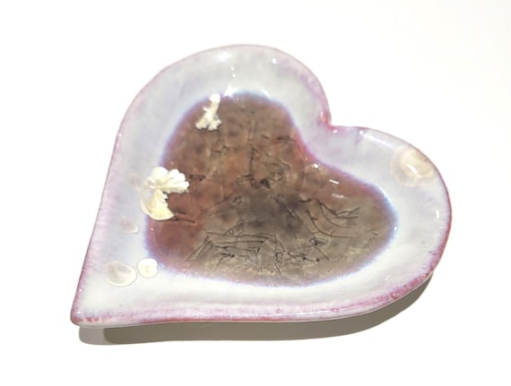 Crystalline Glazed Pottery, Heart Shape Ring Dish, Handmade Jewelry Trinket Bowl, Tea Bag Holder, Spoon Rest, Ceramic Porcelain C
