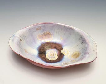 Handmade Pink Ceramic Bowl, Crystalline Glazed Pottery Organic Shape, Porcelain Clay, 7.5" Long