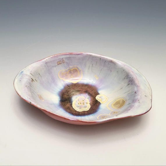 Handmade Pink Ceramic Bowl, Crystalline Glazed Pottery Organic Shape, Porcelain Clay, 7.5" Long